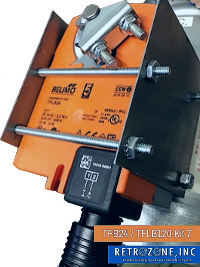 RetroZone TFLB Kit 7,  Belimo, obsolete DuroZone 35141(24v) and 35142(120V),  EWC and other brand dampers using slotted 7/32 damper drive shaft, damper replacement motor, HVAC